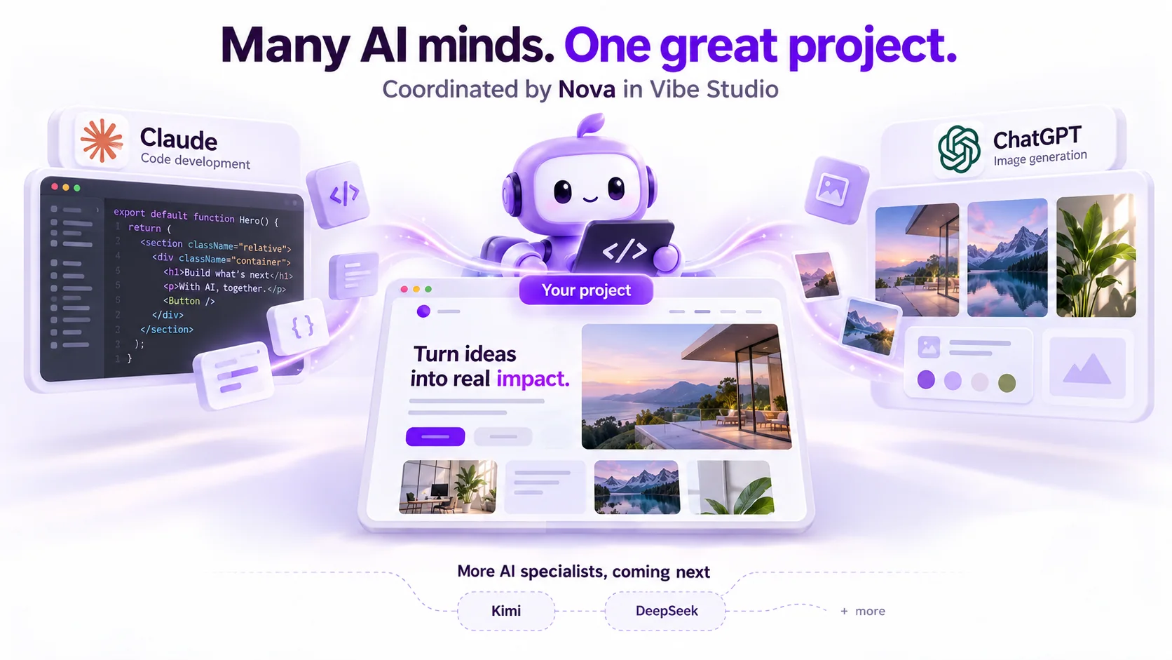 Nova in the middle of your project: Claude handles code development on the left and ChatGPT creates images on the right. More AI specialists, such as Kimi and DeepSeek, are coming next.