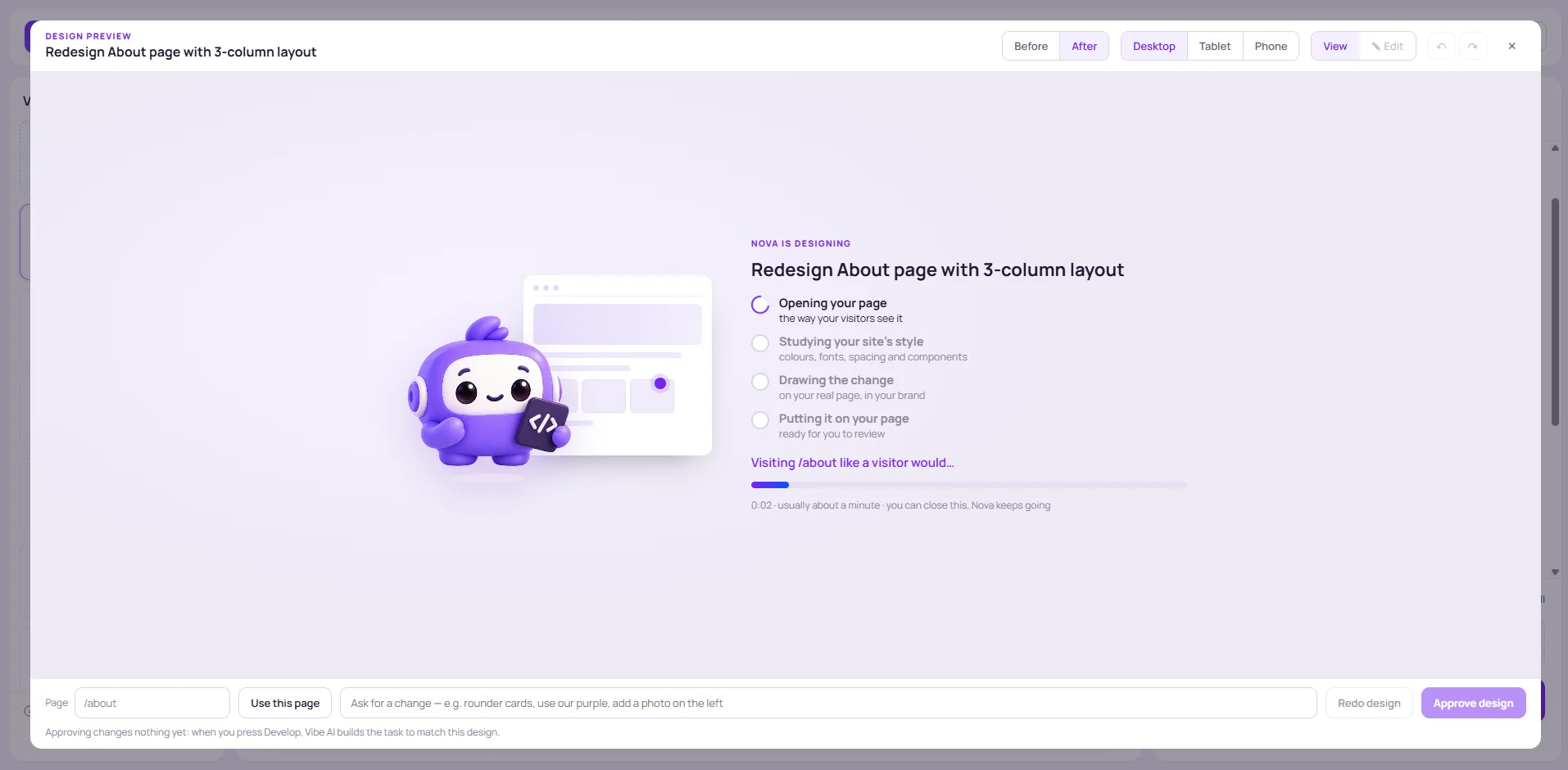 Nova preparing a design preview: opening the page, studying the site’s style, drawing the change
